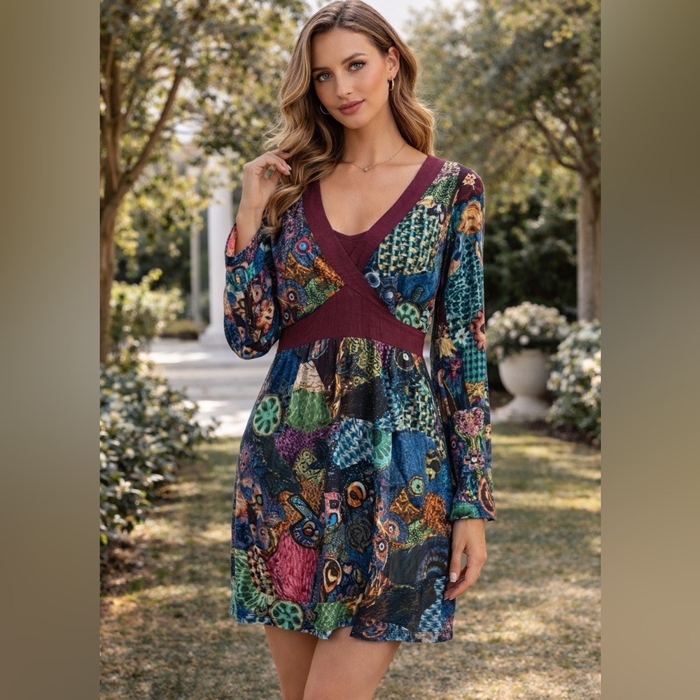 Desigual Burgundy and Multicolor V-Neck Dress L